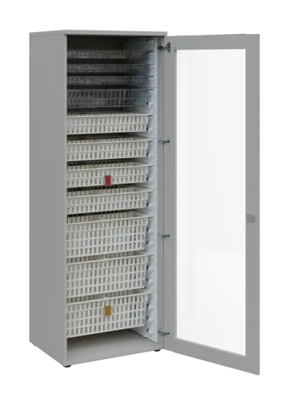 EUROMEDICA S - 66 skříň léková boxová, 1-dveřová/prosklená, pravá, 1950x660x535, korpus šedý, dvířka šedá